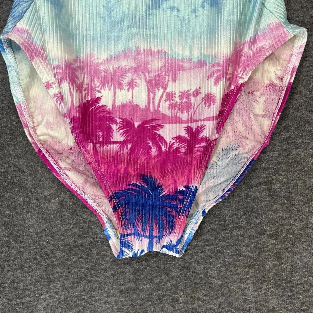 Vintage Catalina Swimsuit Size L Tropical Floral Pink Blue One Piece High Cut
